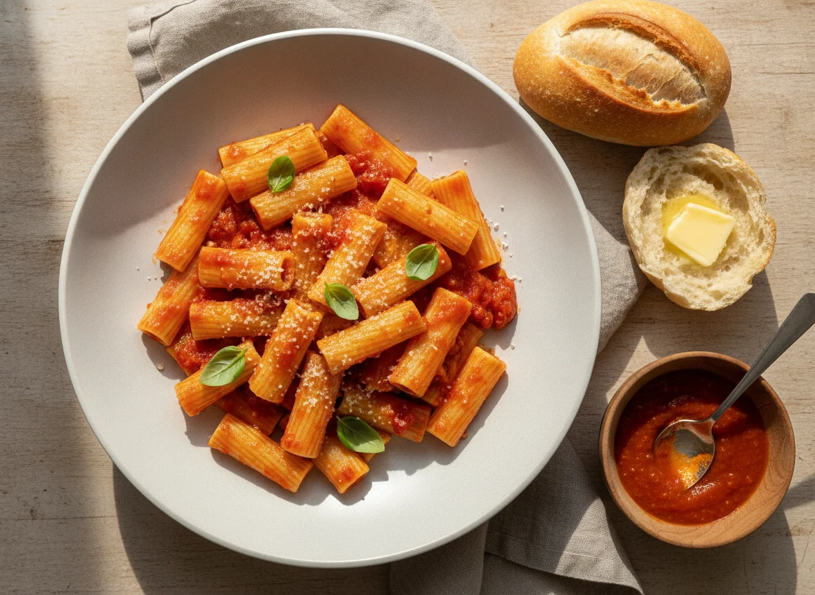 Macarrão com molho de tomate e pão francês photo