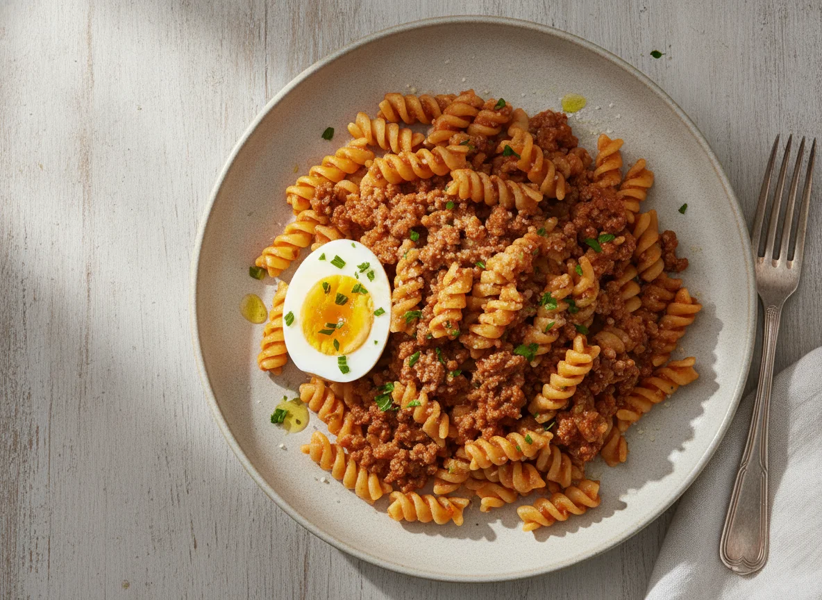 Macarrão com molho e ovo cozido photo