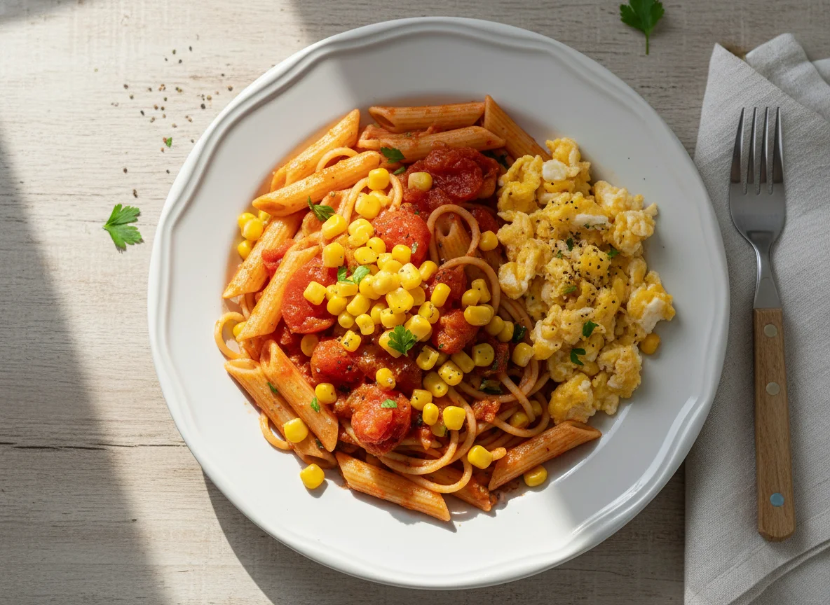 Macarrão com molho, milho e ovos mexidos photo