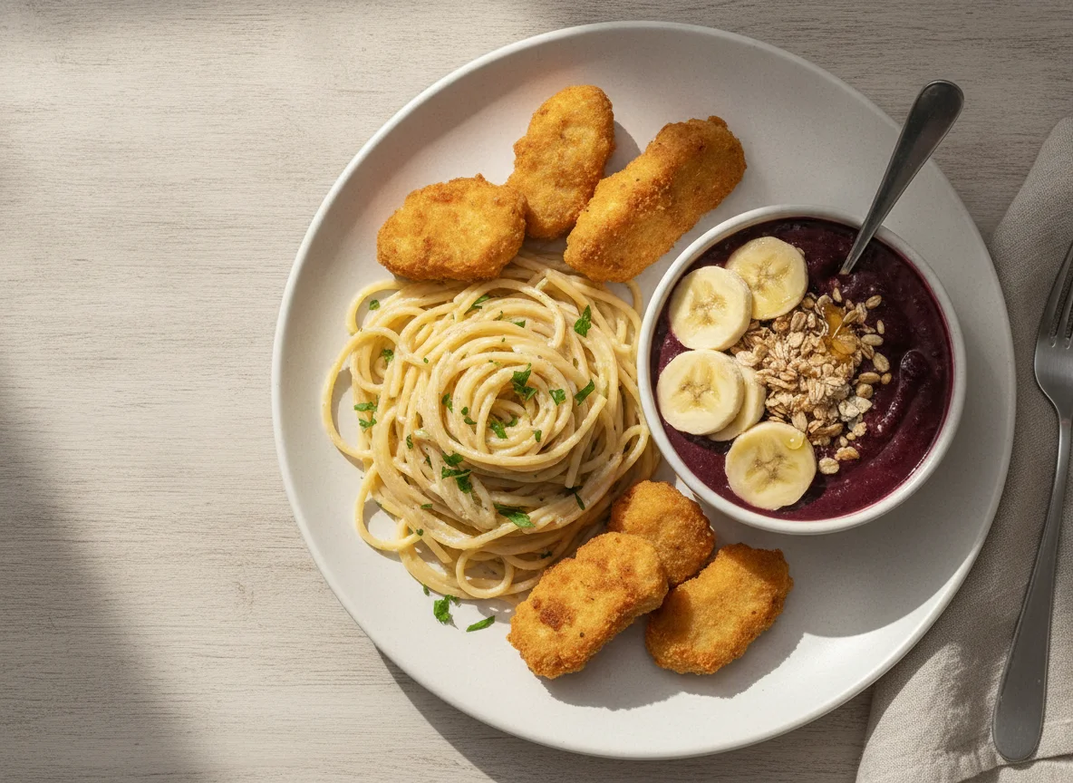 Macarrão com nuggets e açaí photo