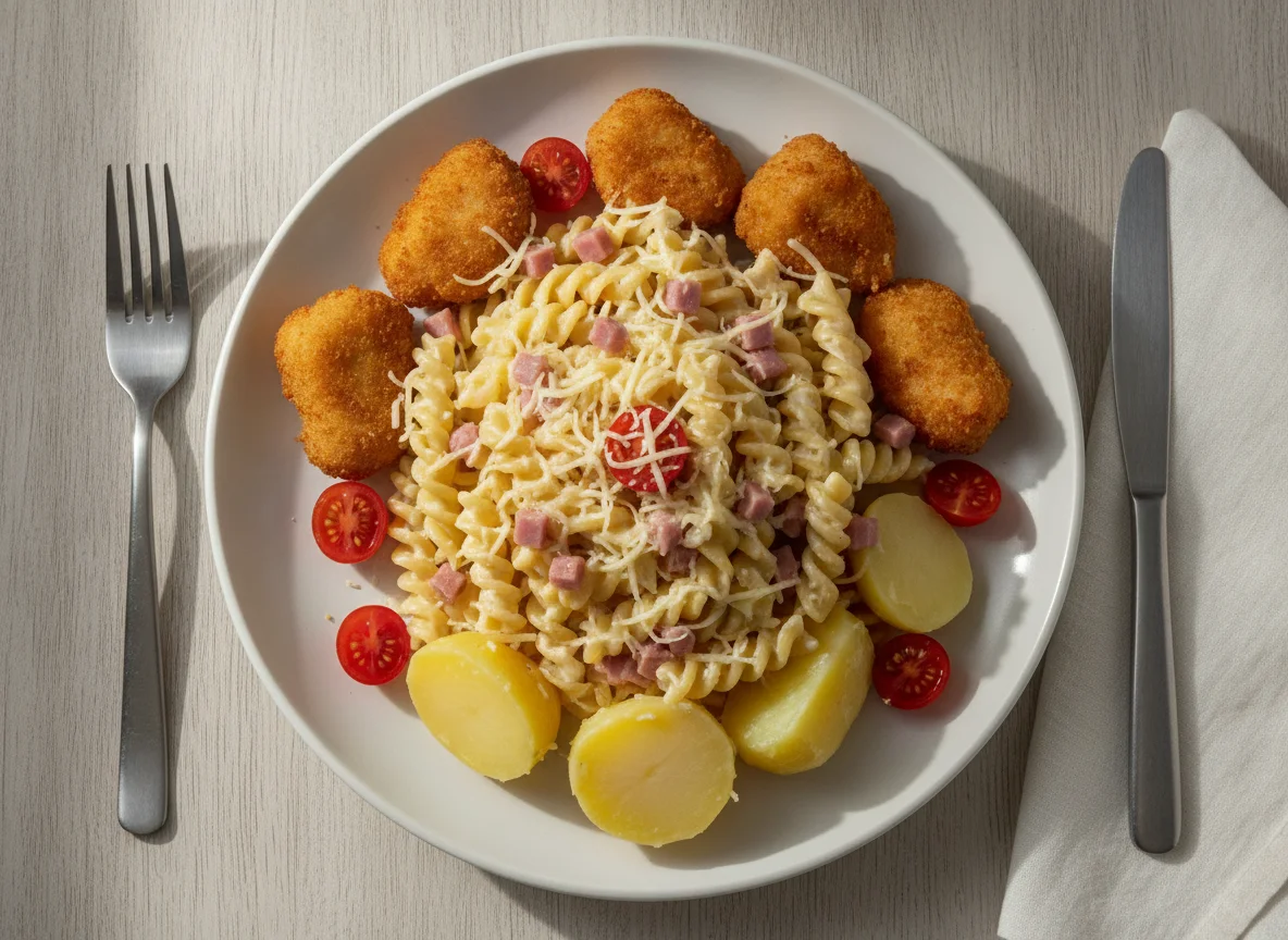 Macarrão com nuggets e batata cozida photo