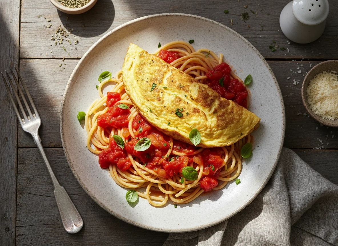 Macarrão com Omelete e Molho de Tomate photo