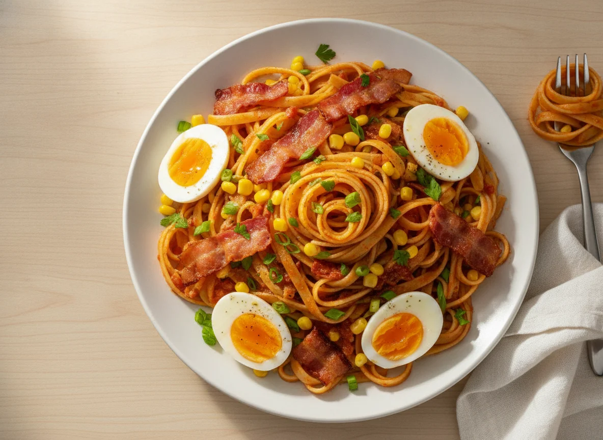 Macarrão com Ovos, Bacon e Milho photo