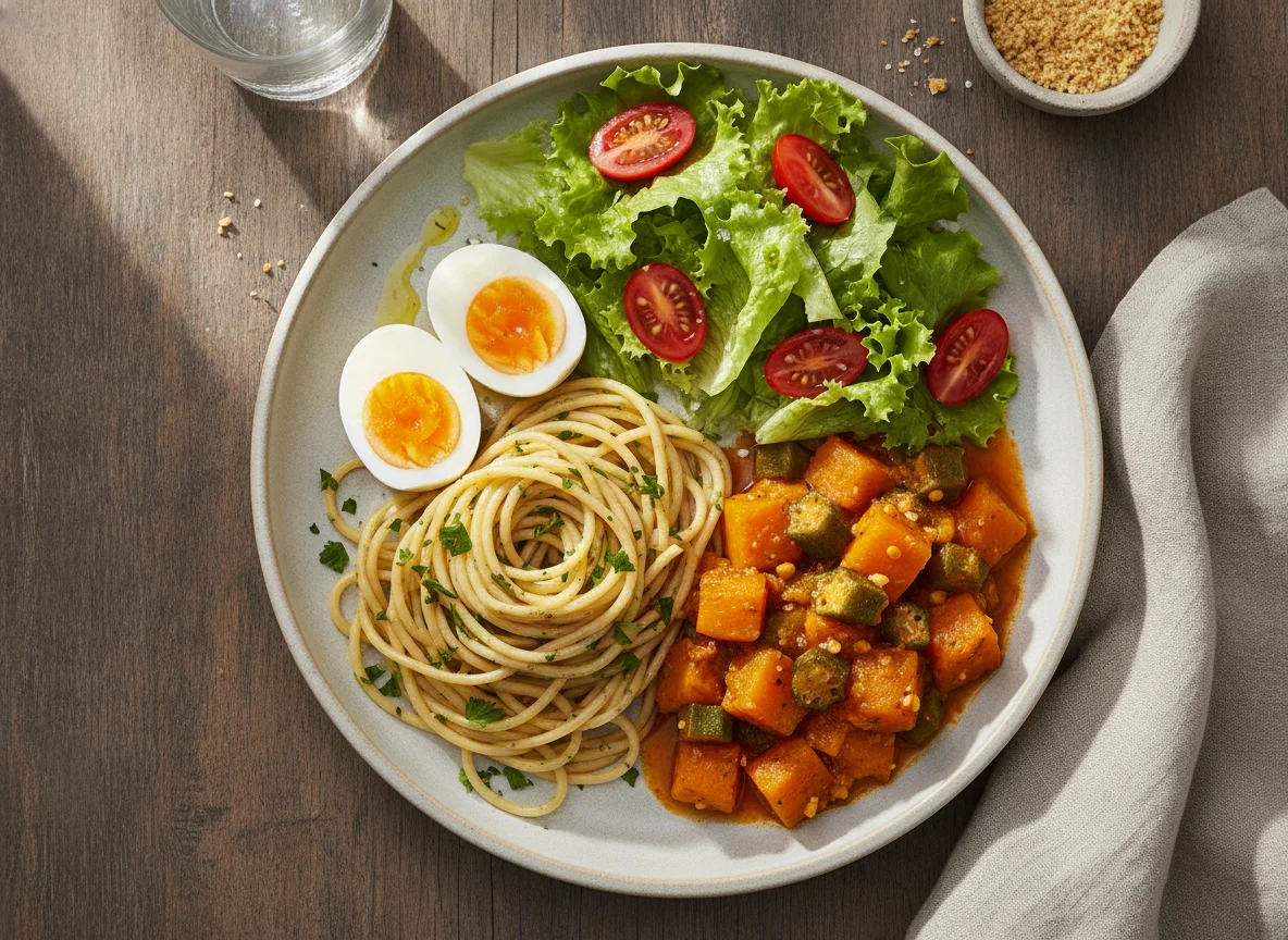 Macarrão com ovos cozidos, ensopado de abóbora e salada photo