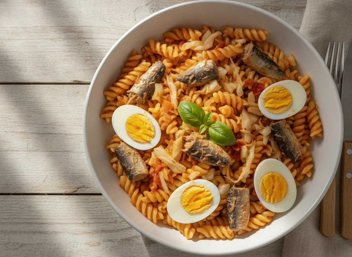 Macarrão com ovos cozidos, sardinha e repolho photo