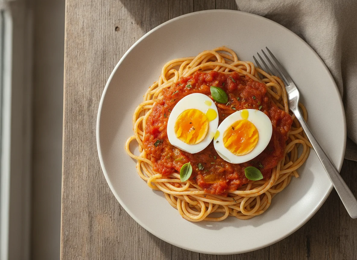 Macarrão com ovos e molho de tomate photo