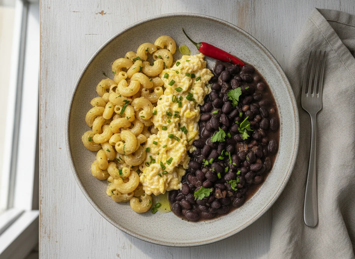 Macarrão com ovos mexidos e feijão photo