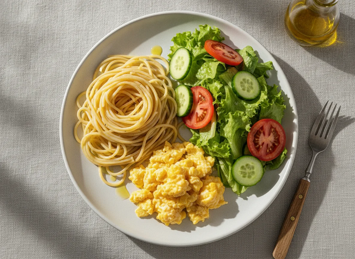 Macarrão com ovos mexidos e salada photo