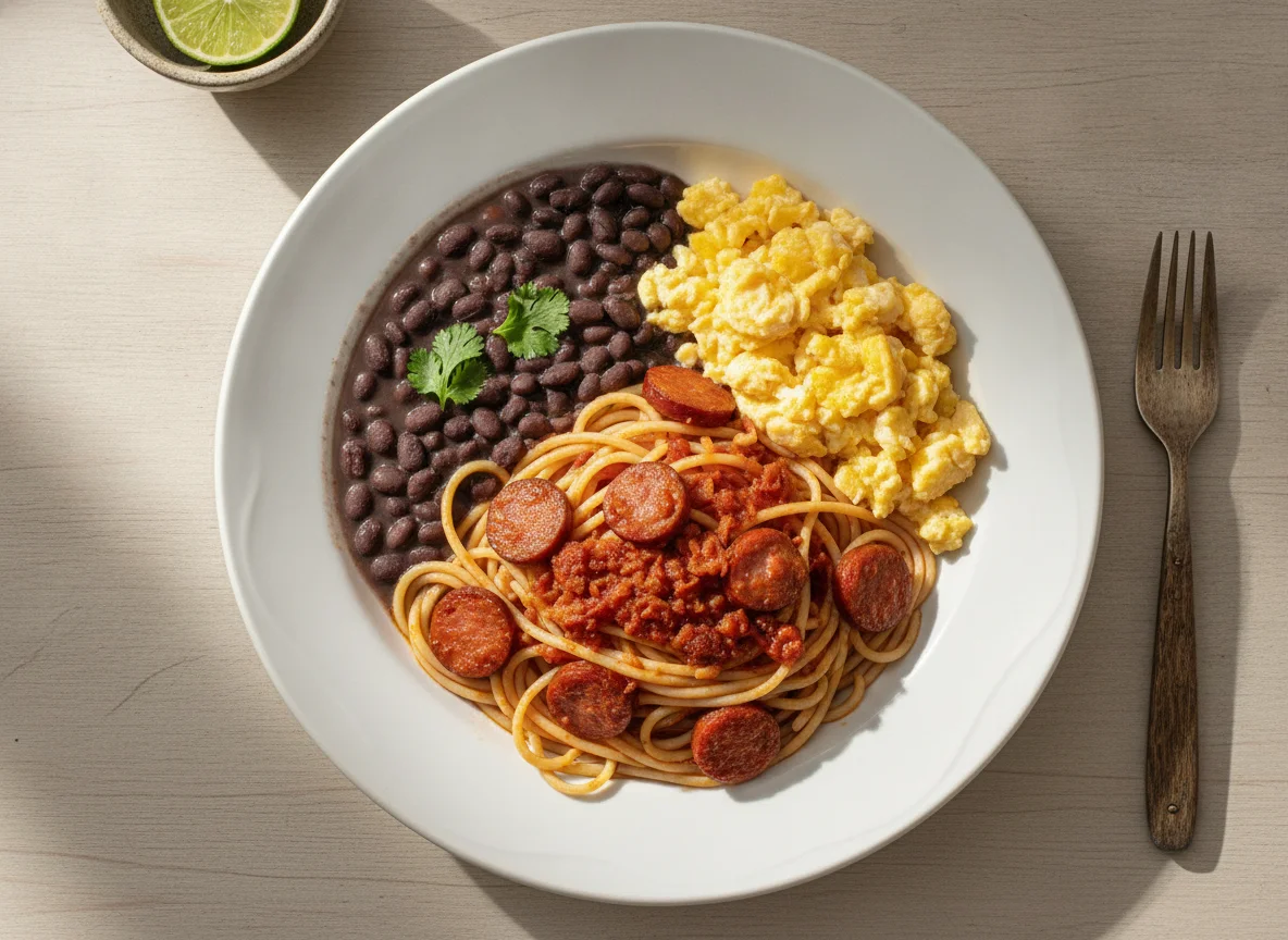 Macarrão com ovos mexidos, feijão e linguiça photo