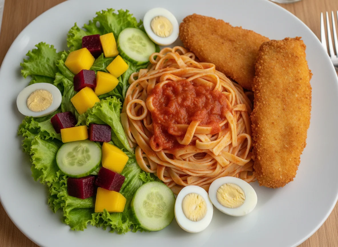 Macarrão com peixe empanado, salada e ovos de codorna photo