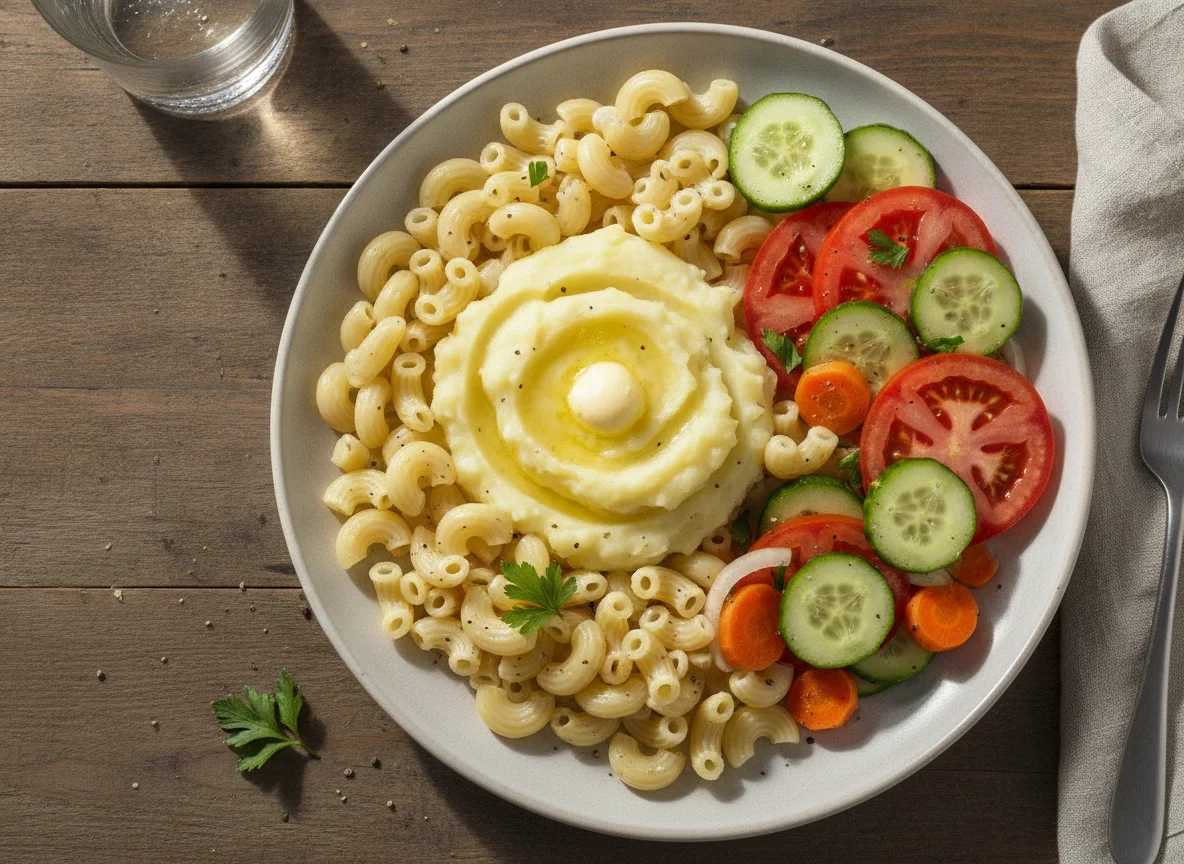 Macarrão com purê de batata e salada photo