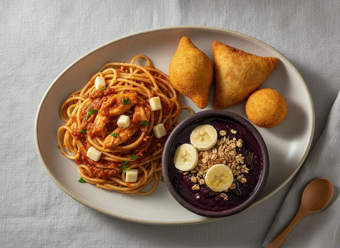 Macarrão com salgados e açaí photo