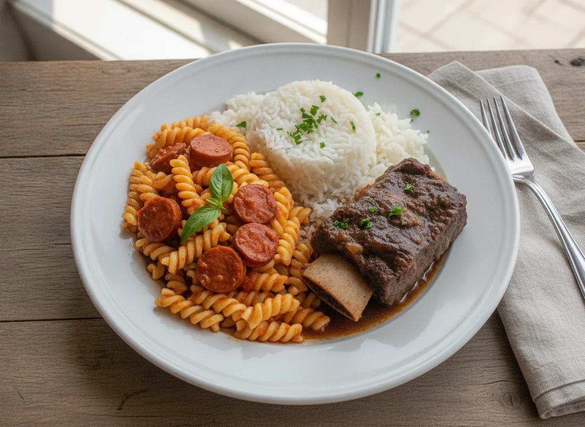 Macarrão com salsicha, arroz e carne photo