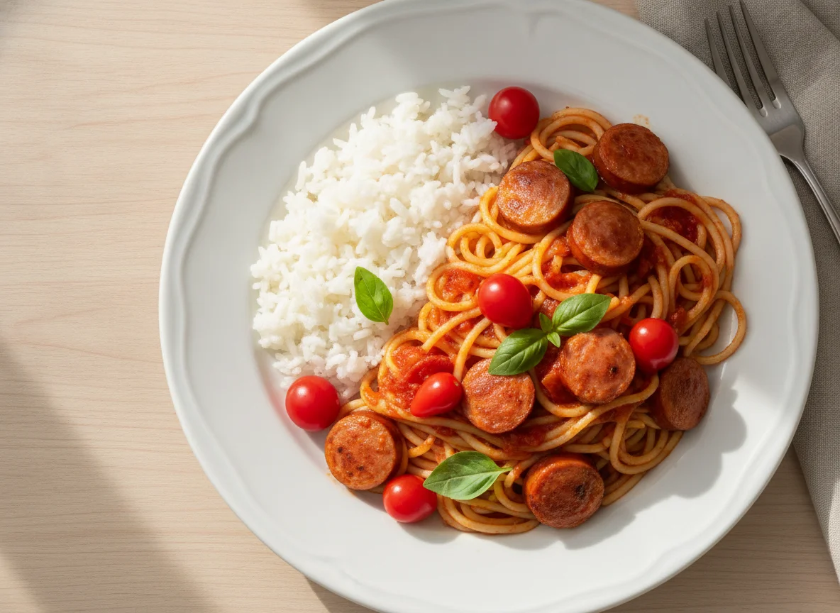 Macarrão com salsicha, arroz e tomate photo