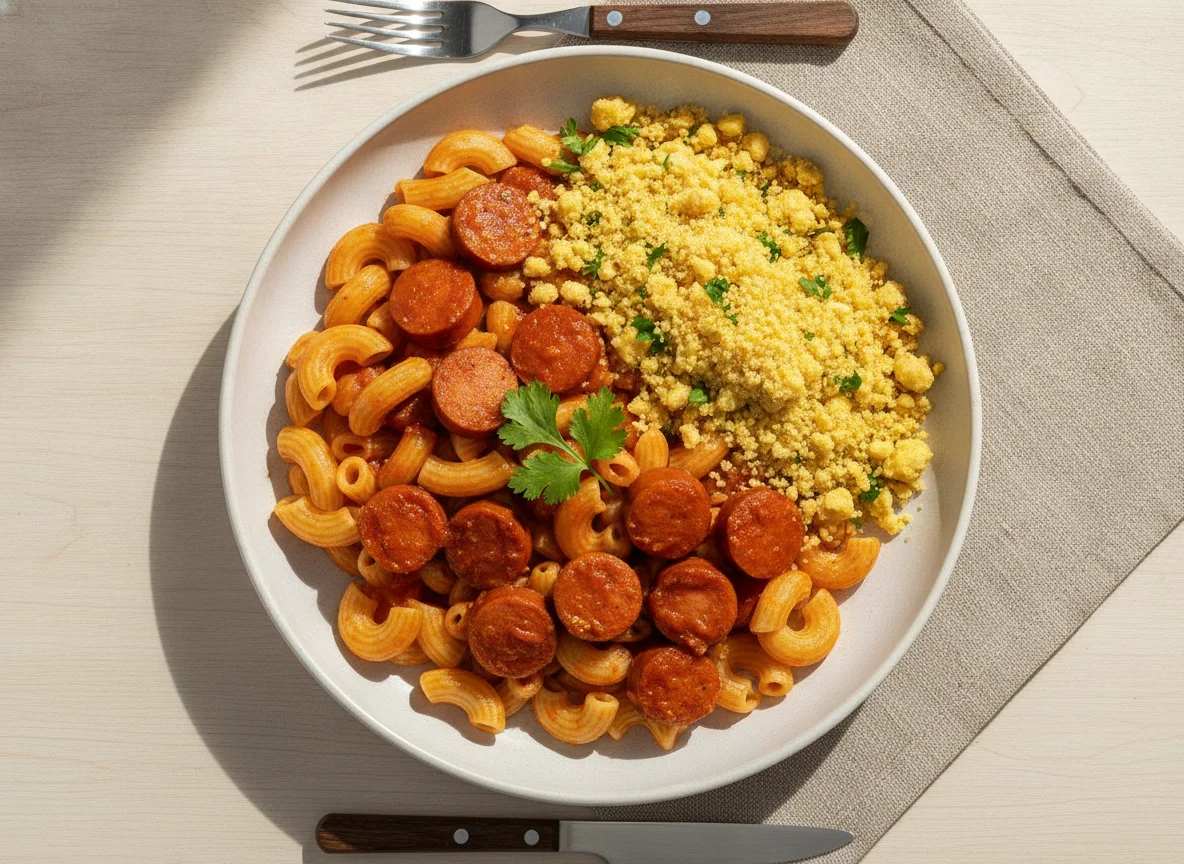Macarrão com salsicha e farofa de ovo photo