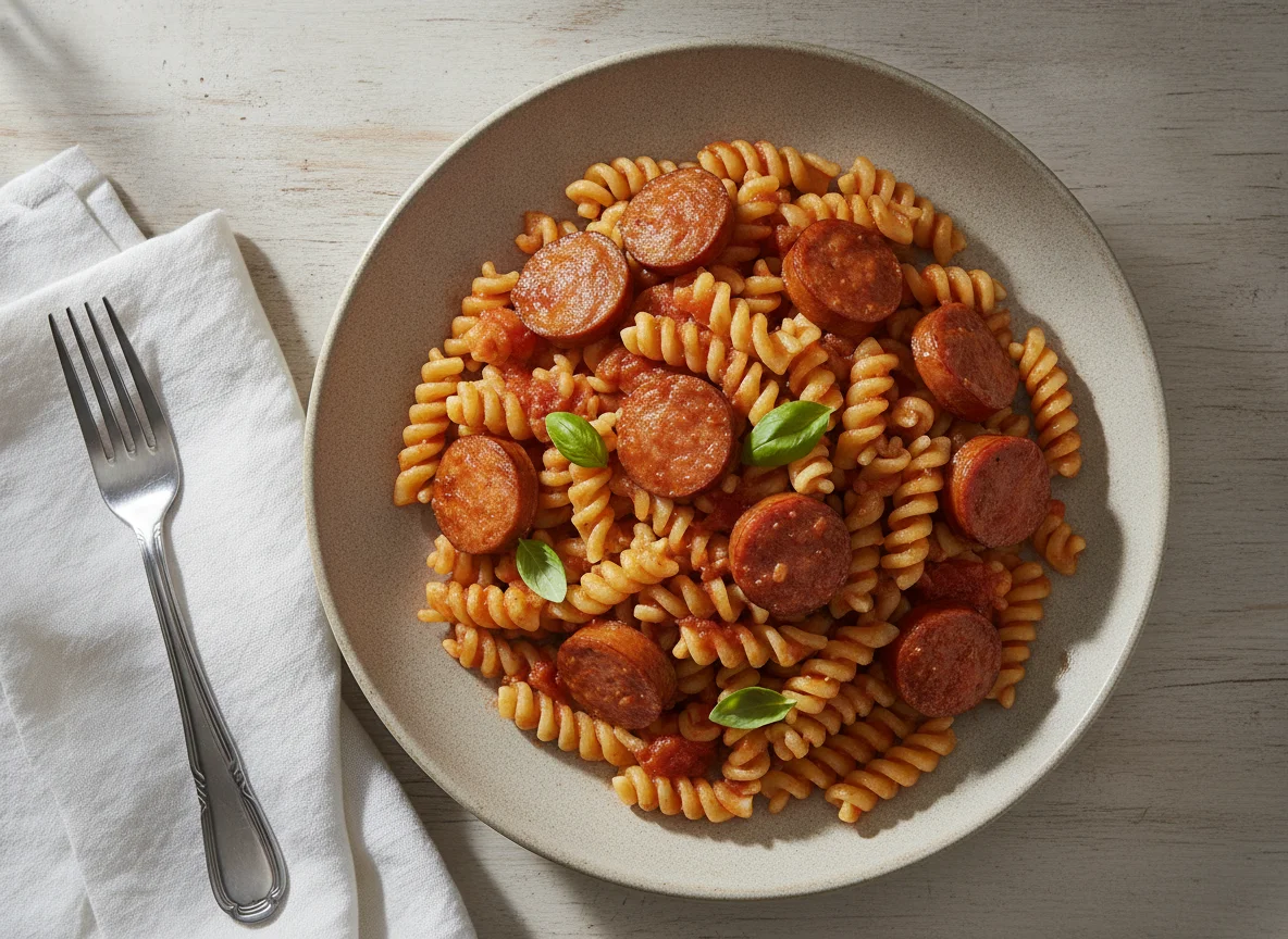 Macarrão com salsicha e molho de tomate photo