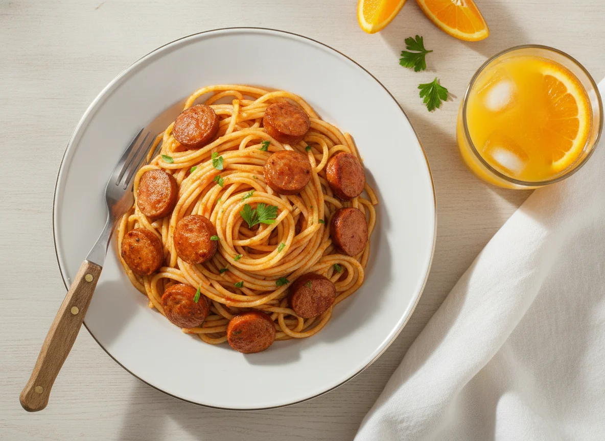 Macarrão com Salsicha e Suco de Laranja photo