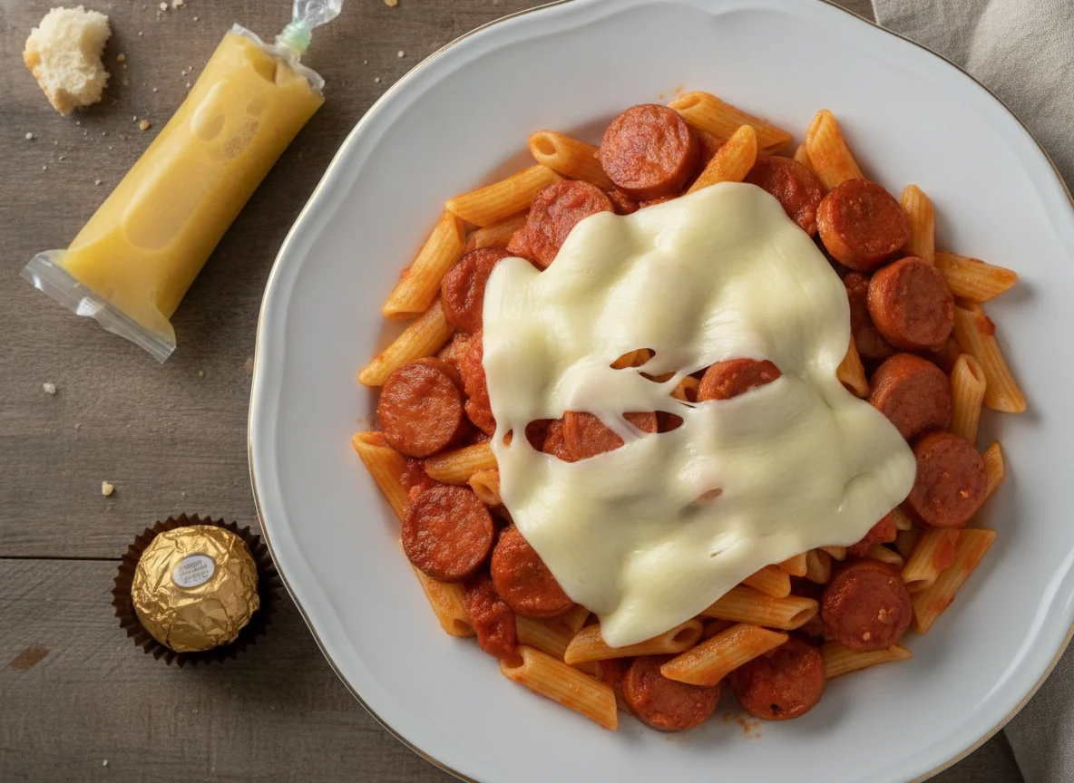 Macarrão com salsicha, queijo e acompanhamentos photo