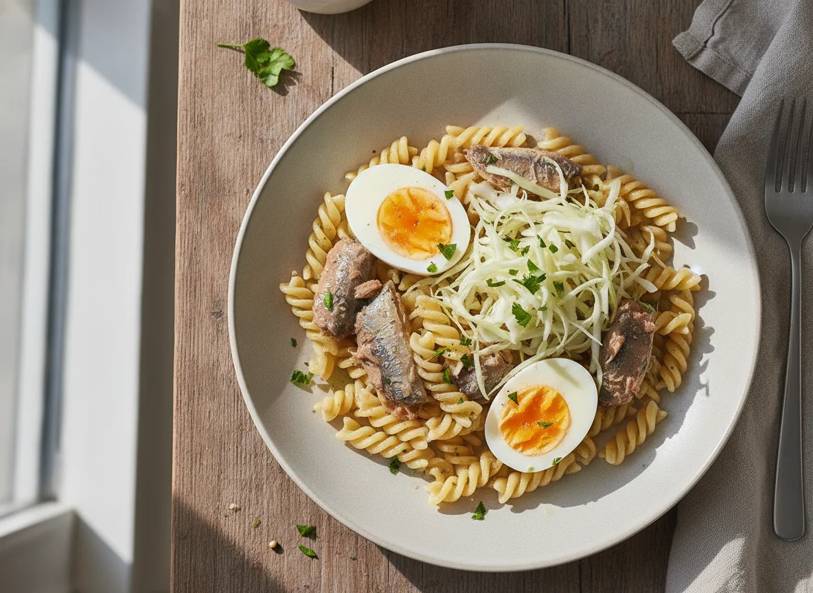 Macarrão com sardinha, ovos cozidos e repolho photo