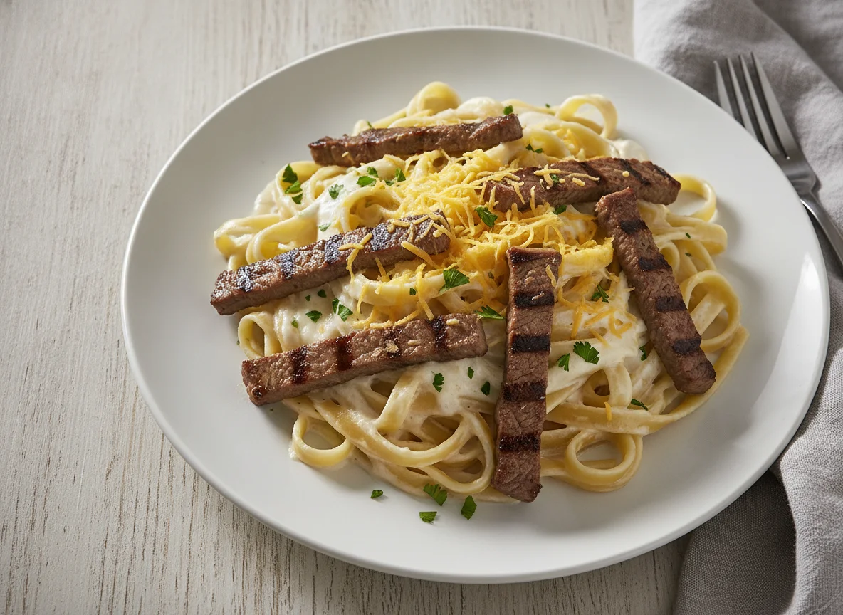 Macarrão com tiras de carne, molho branco e queijo photo