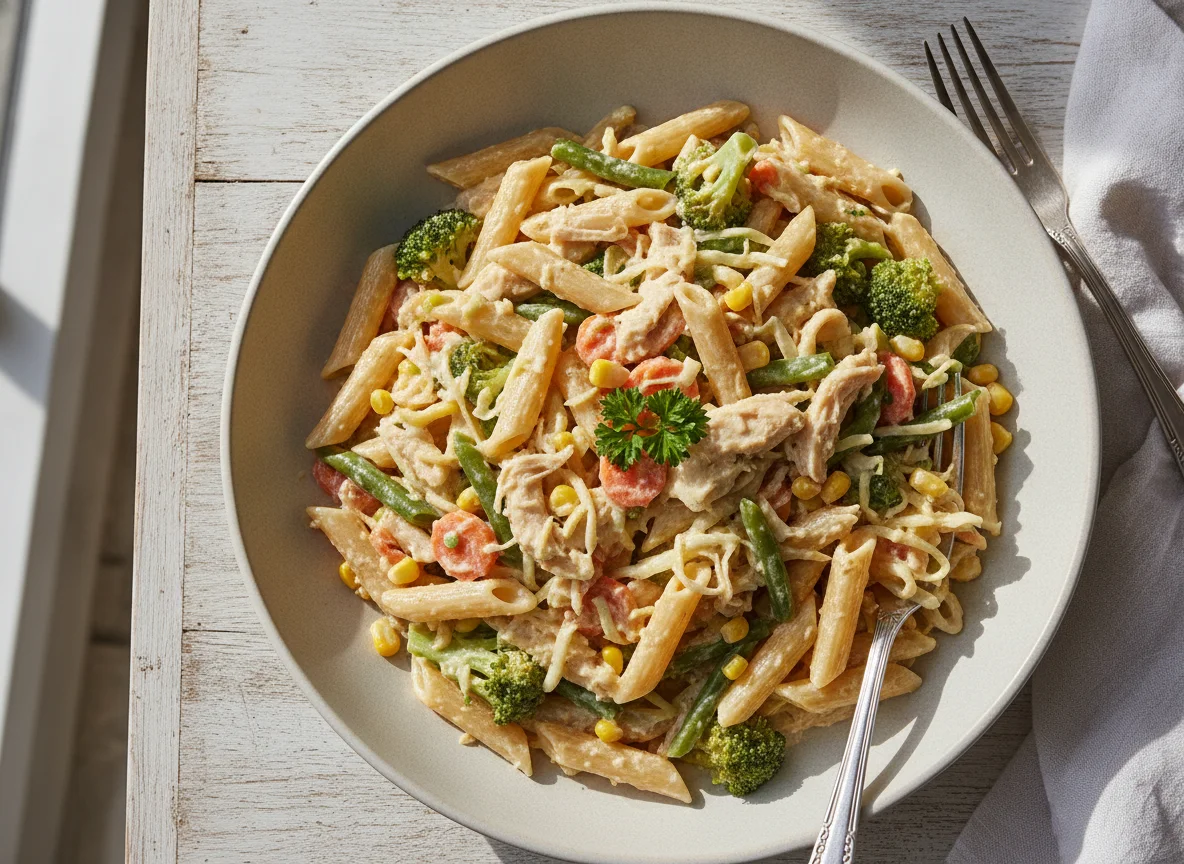 Macarrão com vegetais e frango photo