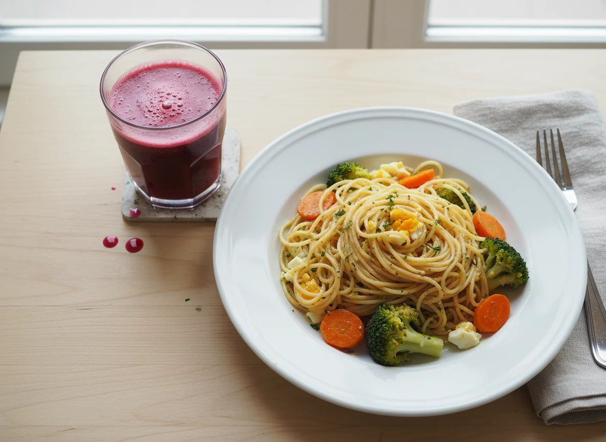 Macarrão com vegetais e suco de frutas vermelhas photo