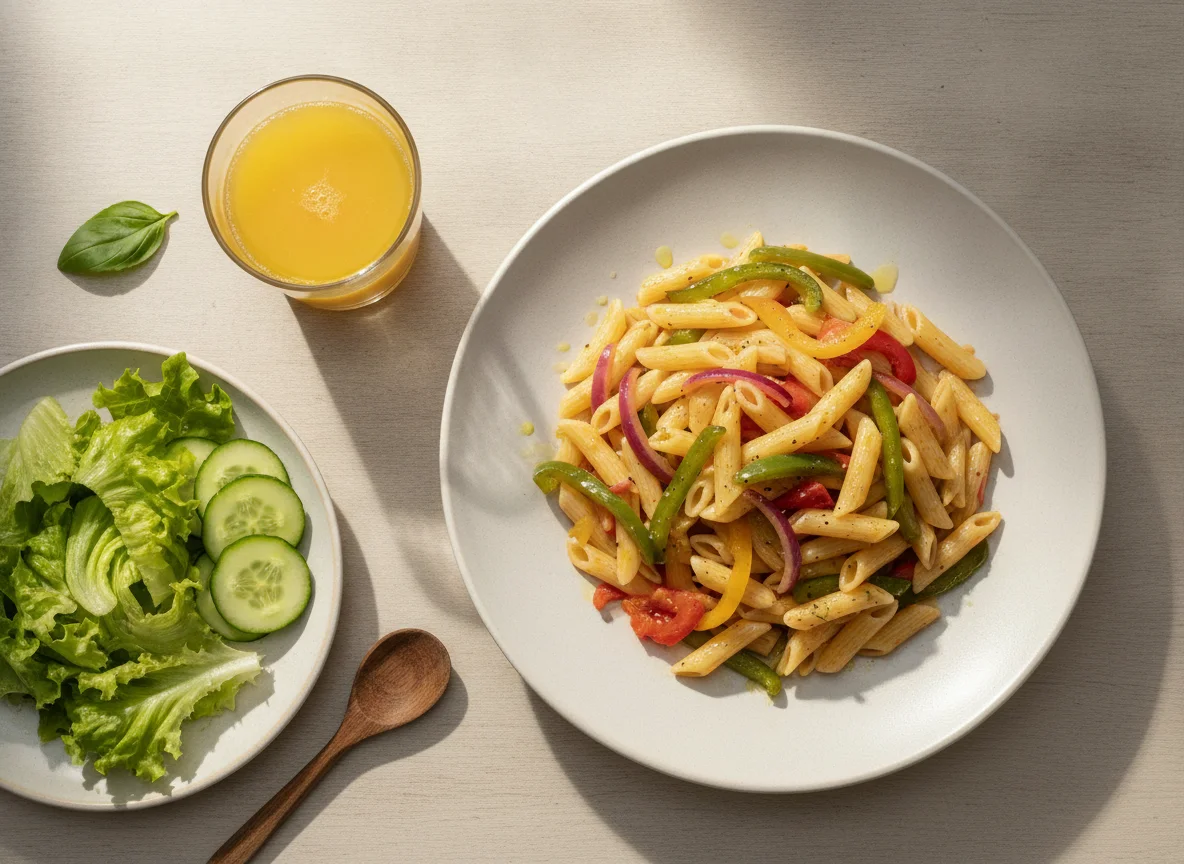 Macarrão com vegetais, salada e suco de laranja photo