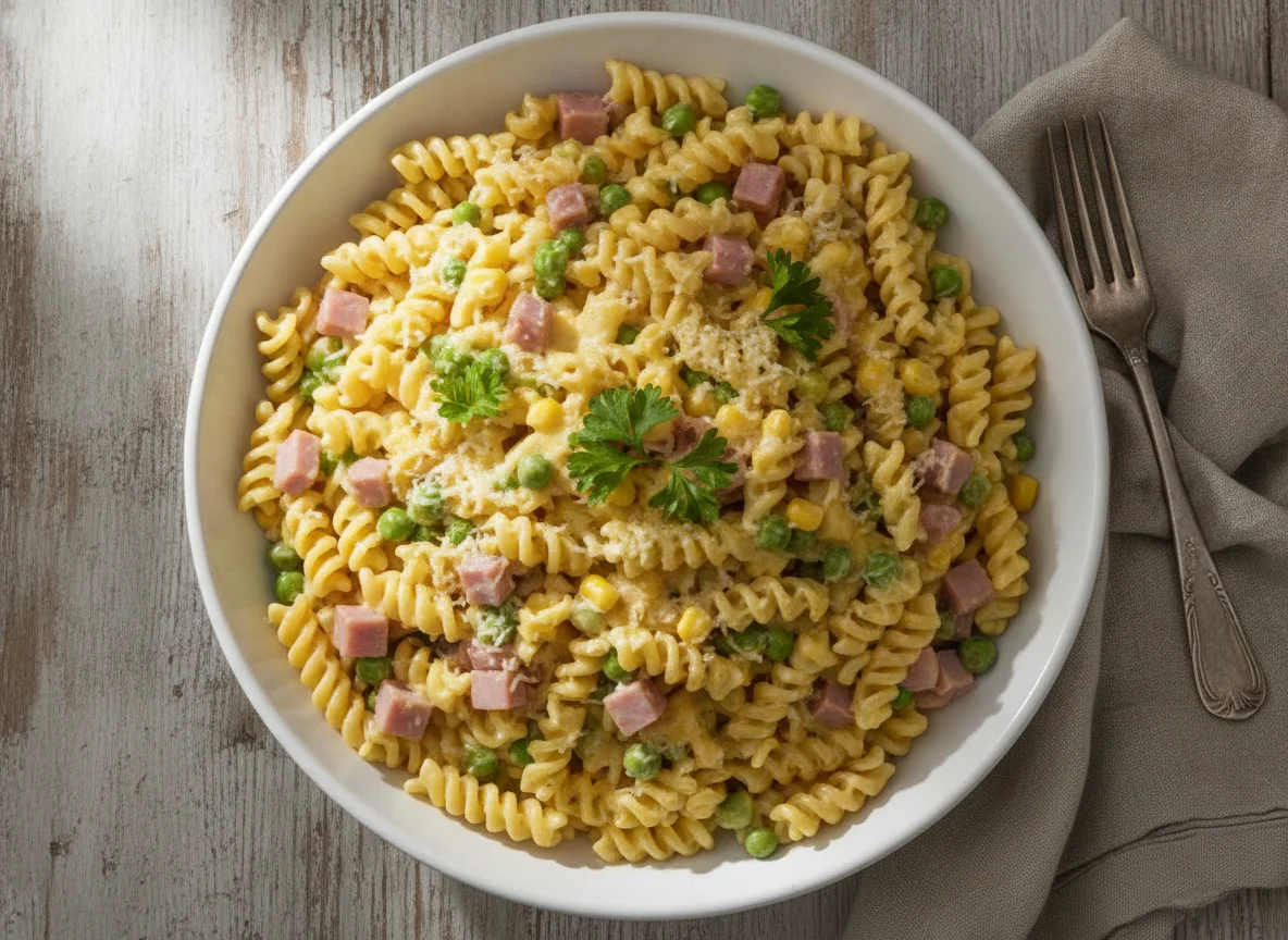 Macarrão cremoso com presunto e milho photo