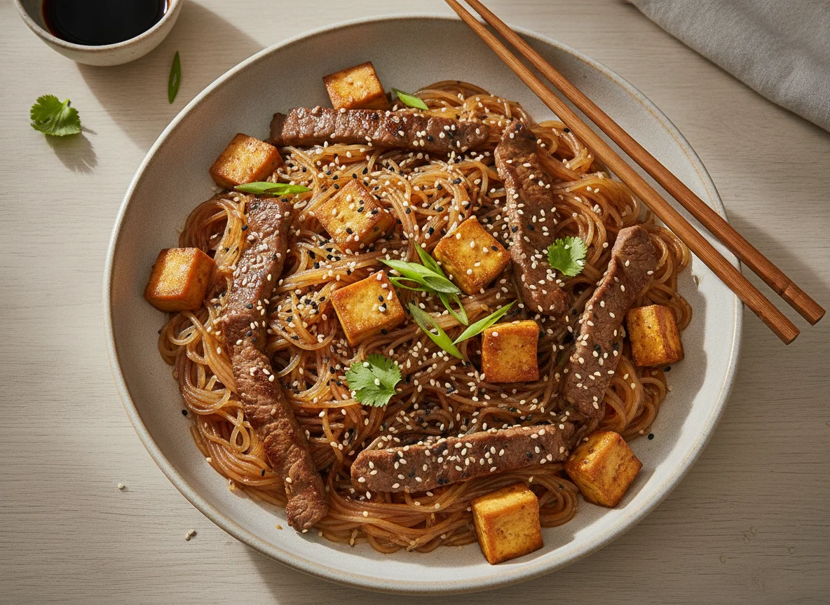Macarrão de arroz com carne e tofu photo