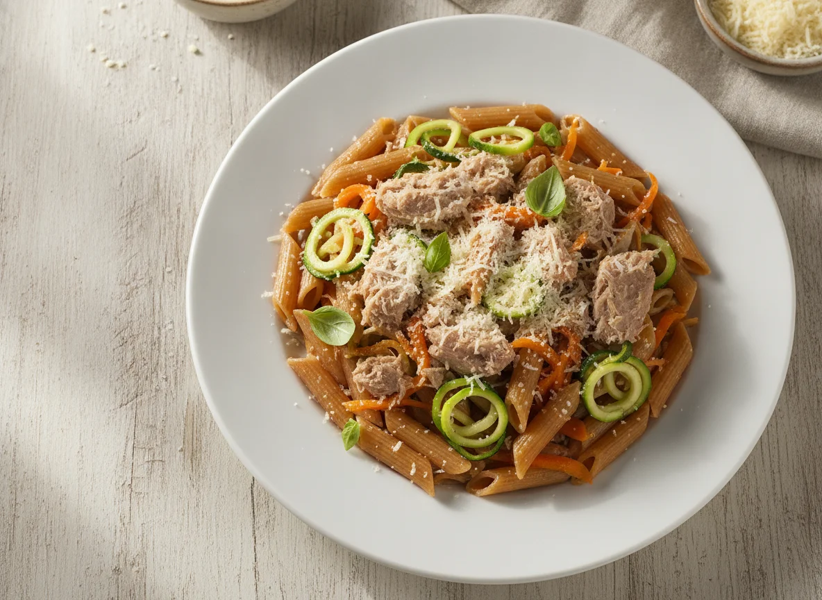 Macarrão de lentilha com atum e vegetais photo