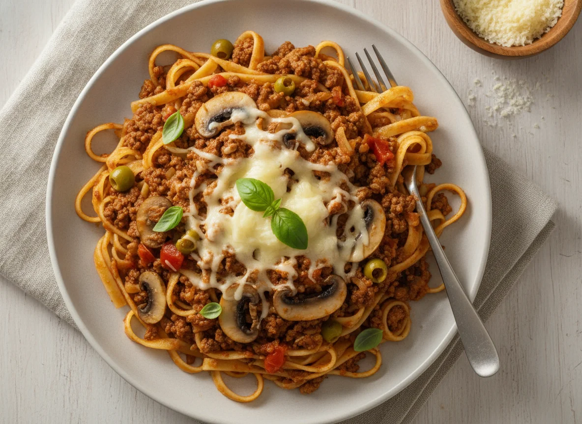 Macarrão fettuccine à bolonhesa com queijo e cogumelos photo