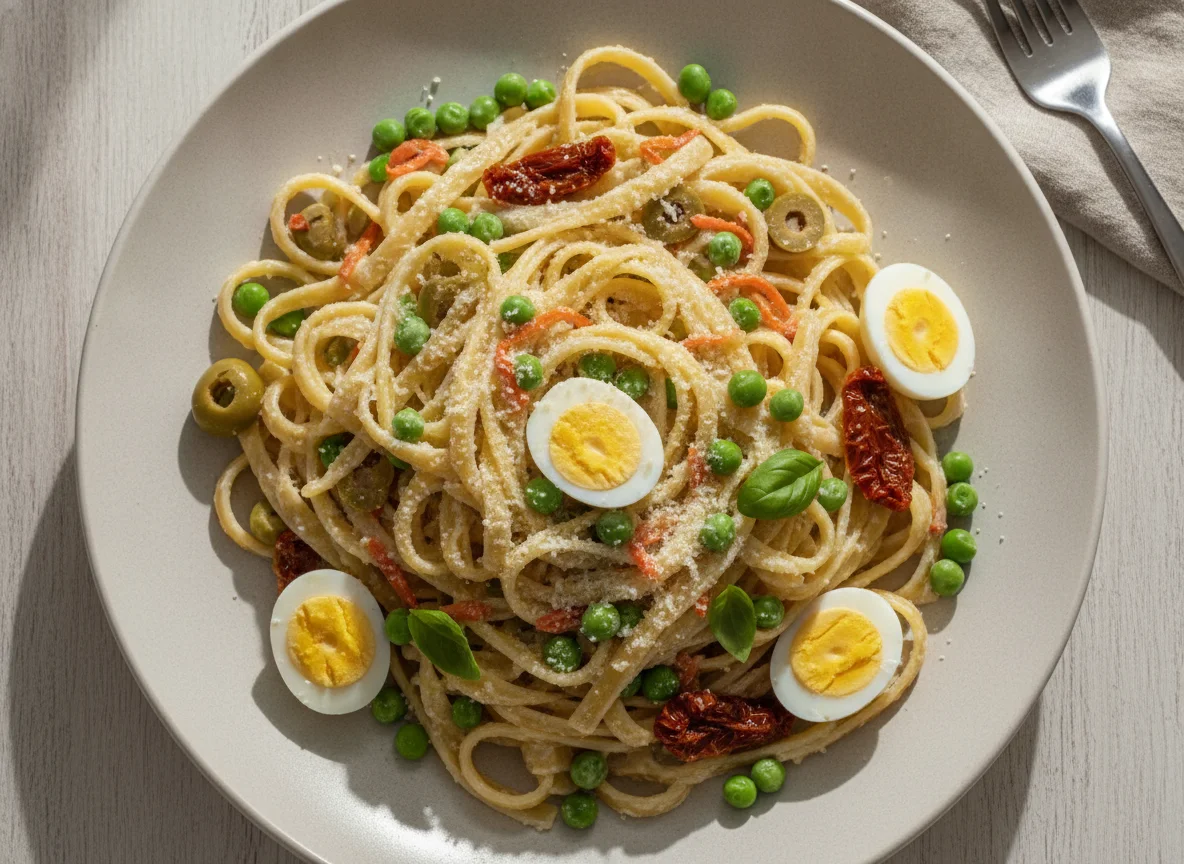 Macarrão Fettuccine ao Molho Branco com Ovos de Codorna e Ervilhas photo