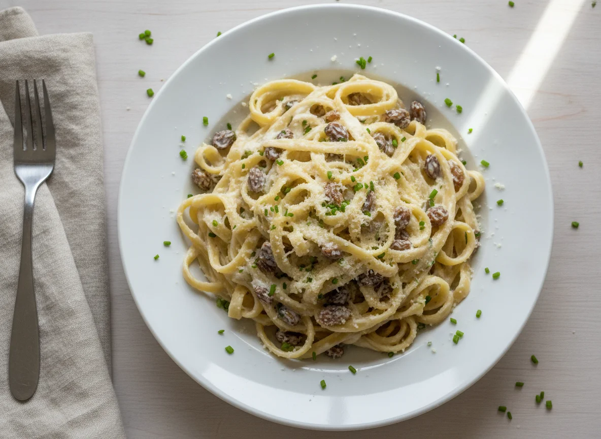 Macarrão fettuccine ao molho branco com passas e cebolinha photo