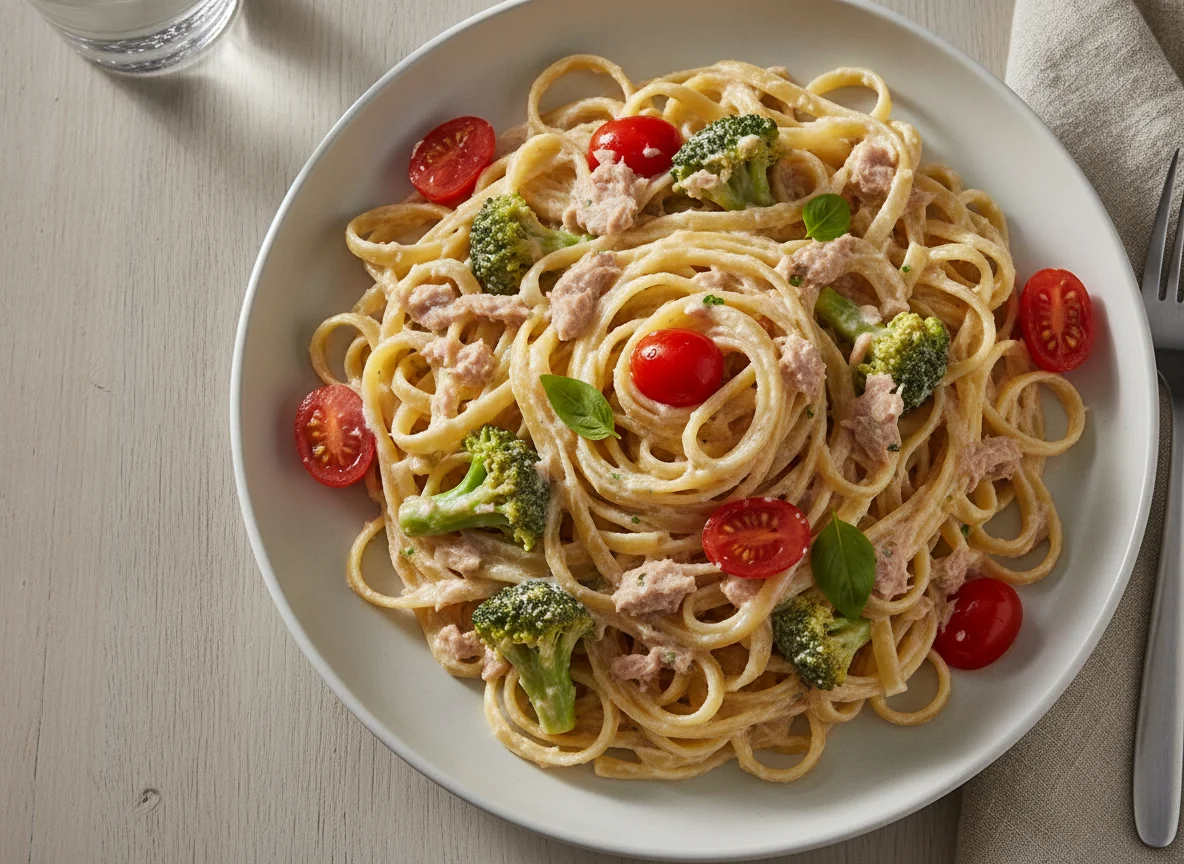 Macarrão fettuccine com atum, brócolis e tomate cereja ao molho branco photo