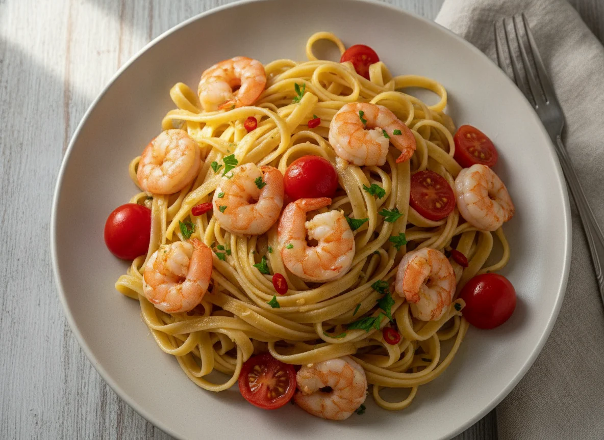 Macarrão fettuccine com camarão e tomate cereja photo