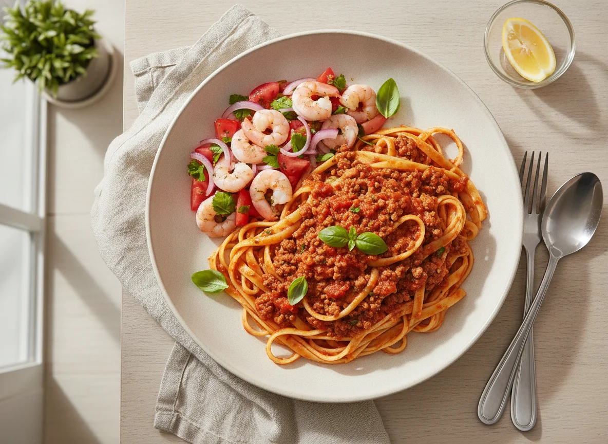 Macarrão fettuccine com carne moída e salada de camarão photo