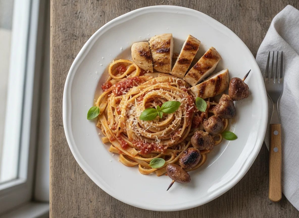 Macarrão fettuccine com frango grelhado e corações de galinha photo