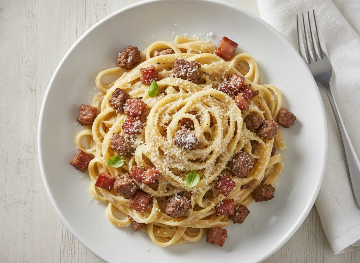 Macarrão Fettuccine com Molho Branco, Bacon e Hambúrguer photo