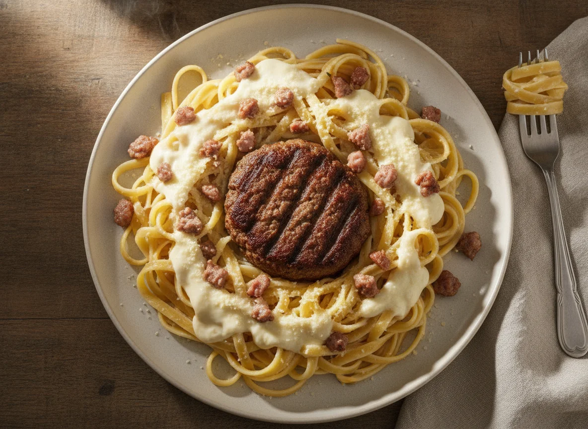 Macarrão fettuccine com molho branco, linguiça e hambúrguer photo