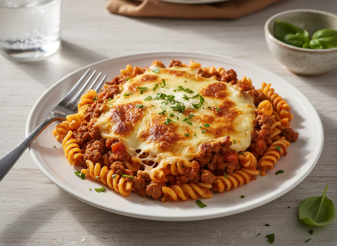 Macarrão Fusilli à Bolonhesa com Queijo Gratinado photo
