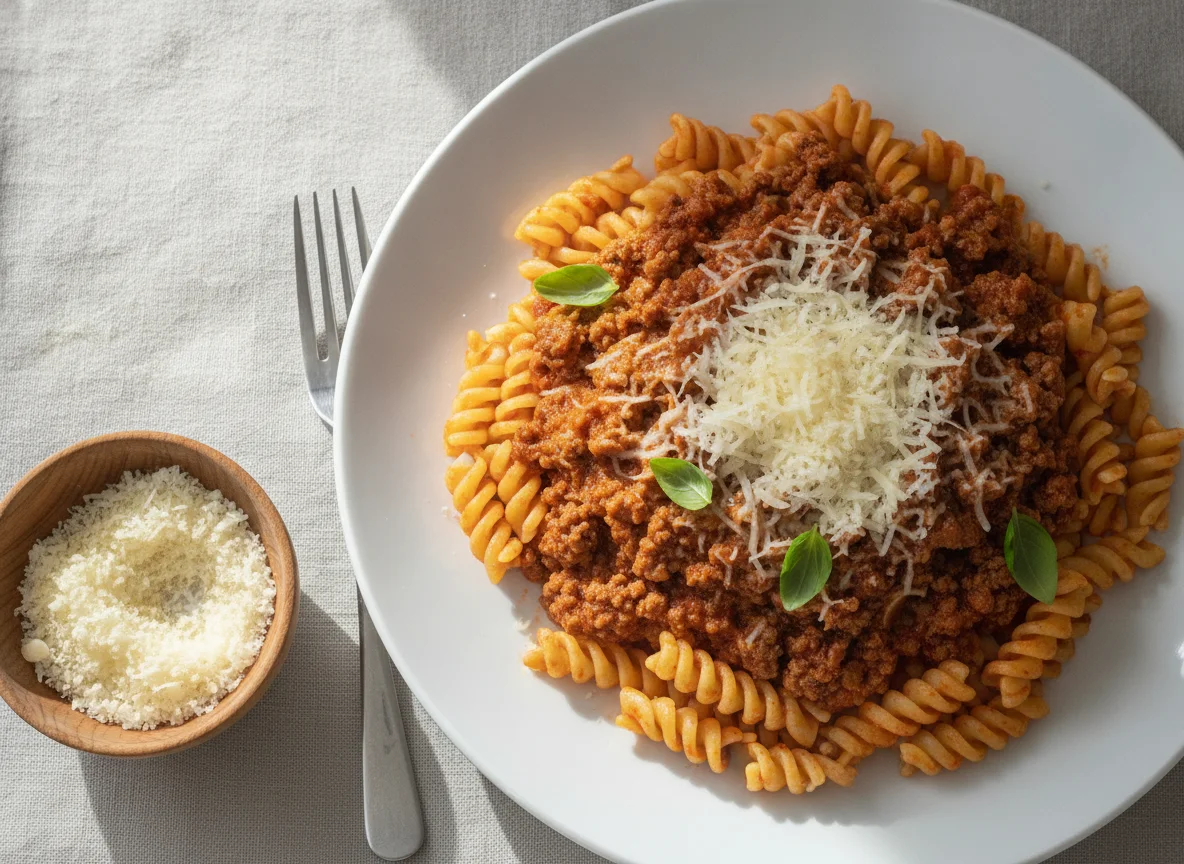 Macarrão fusilli à bolonhesa com queijo photo