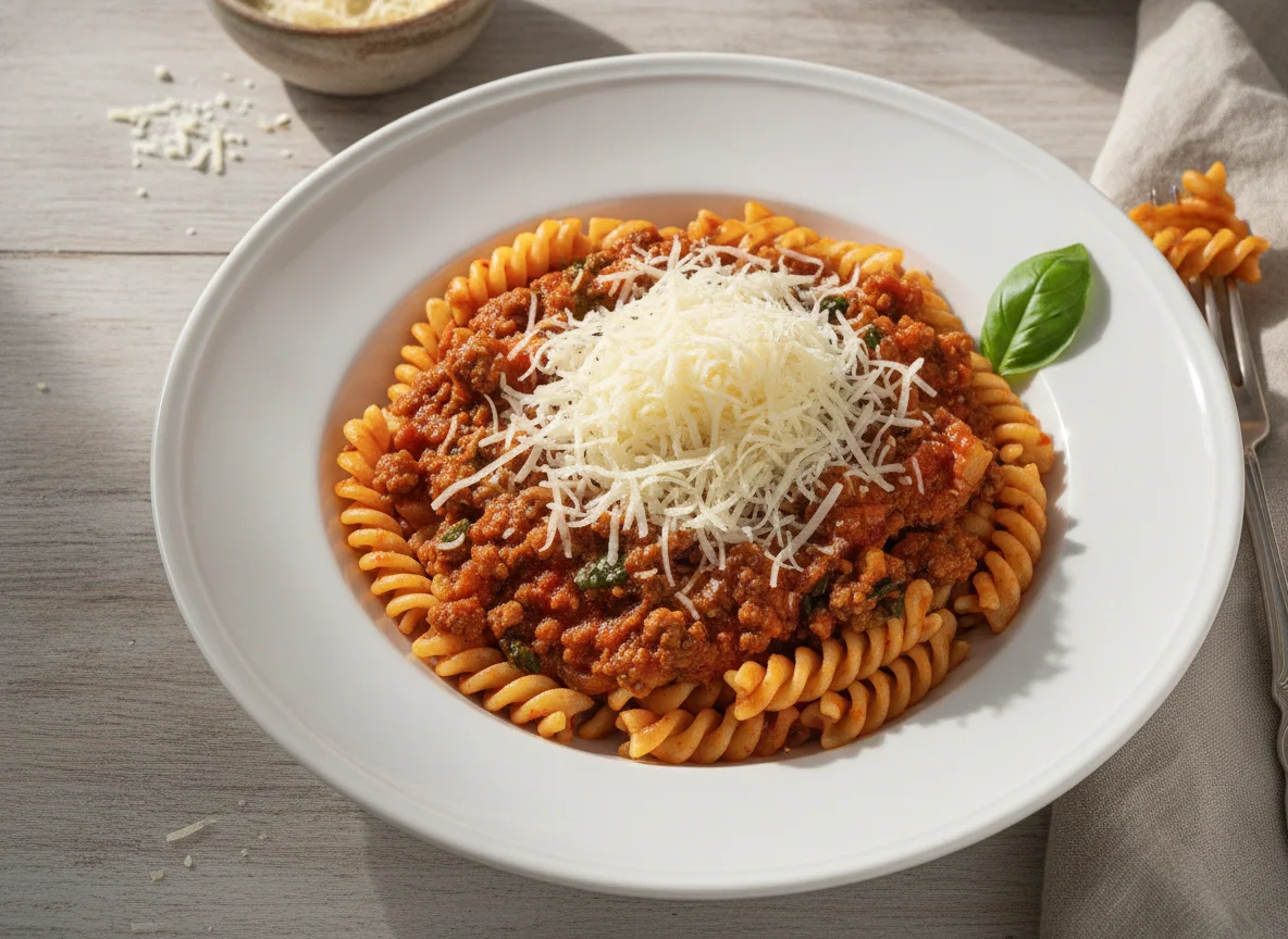 Macarrão Fusilli à Bolonhesa com Queijo Ralado photo