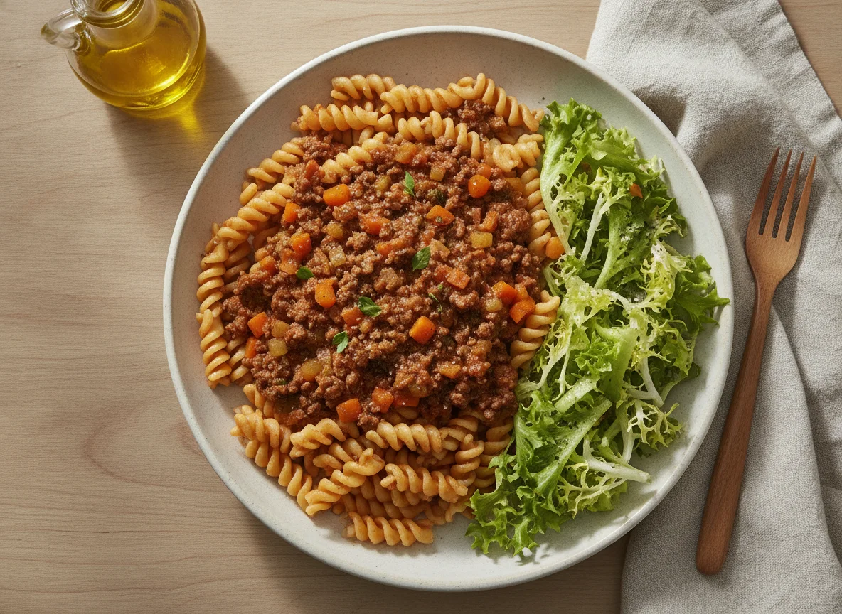 Macarrão fusilli à bolonhesa com salada de folhas verdes photo