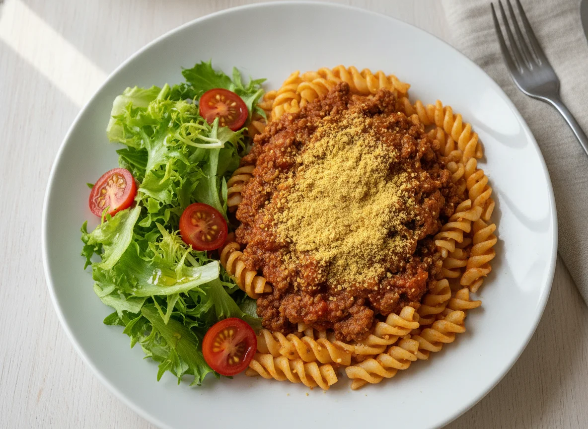 Macarrão fusilli à bolonhesa com salada e levedura nutricional photo