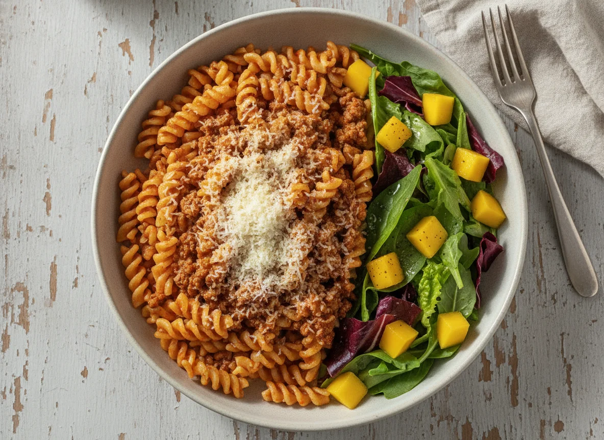 Macarrão fusilli à bolonhesa com salada mista photo