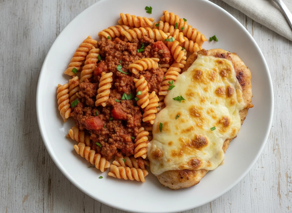 Macarrão fusilli ao molho bolonhesa com filé de frango gratinado photo