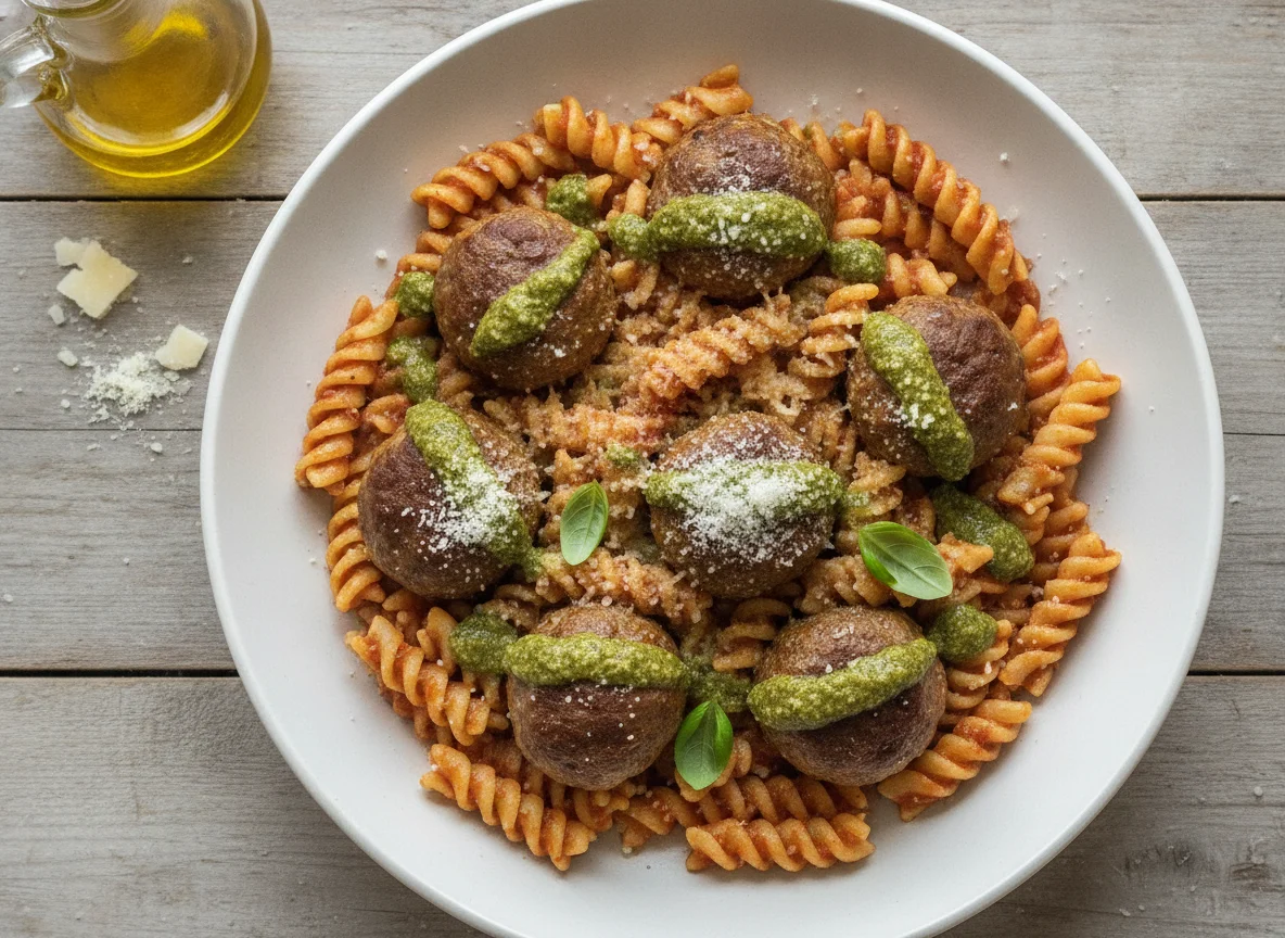 Macarrão fusilli com almôndegas e queijo ralado photo
