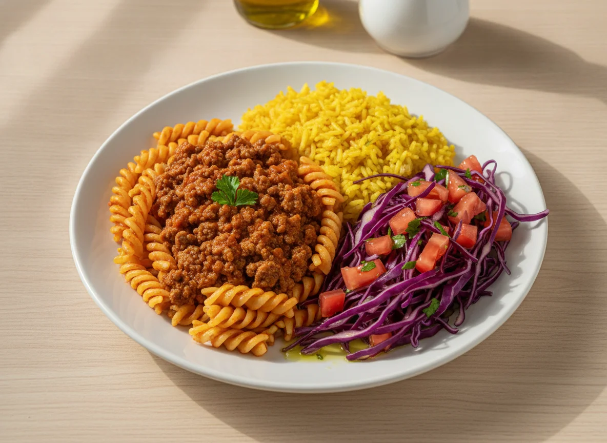 Macarrão fusilli com arroz amarelo e salada de repolho roxo photo