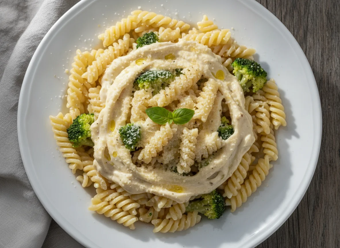 Macarrão fusilli com brócolis e molho branco photo