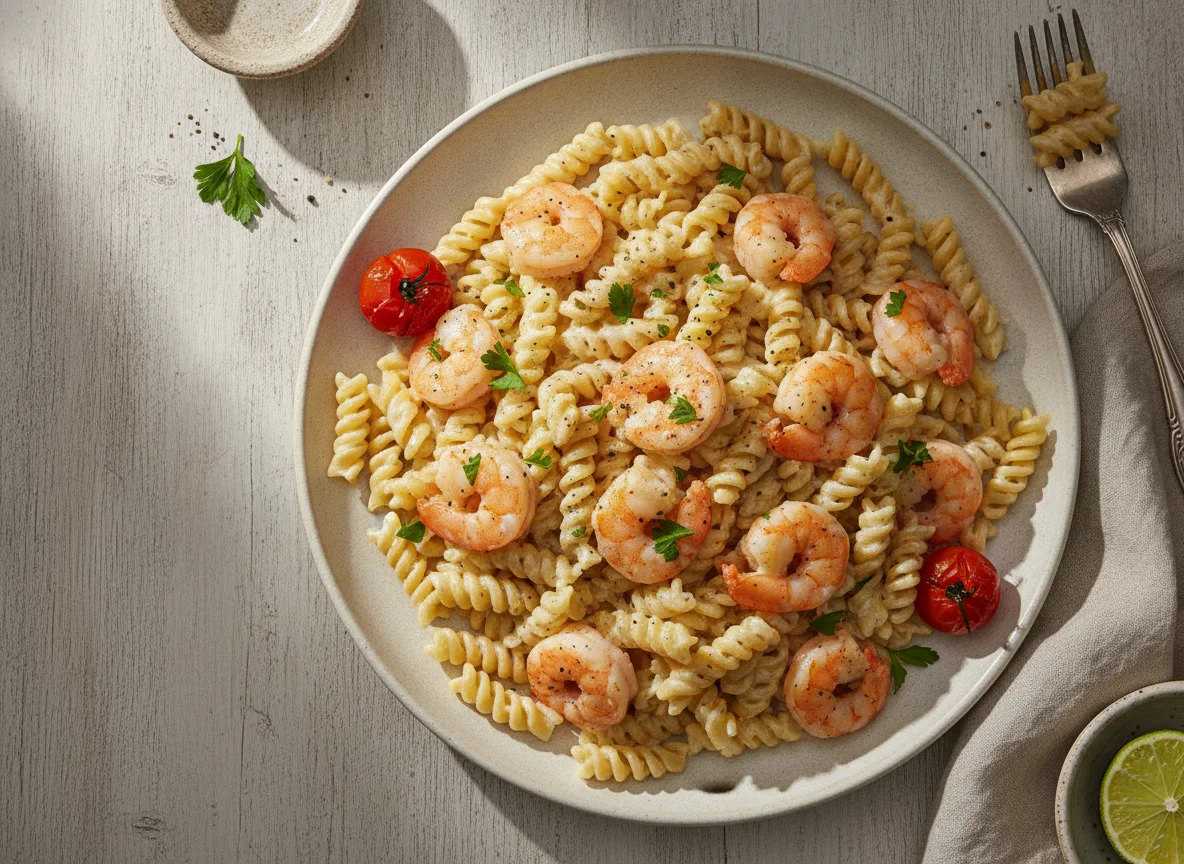 Macarrão Fusilli com Camarão e Molho Branco photo